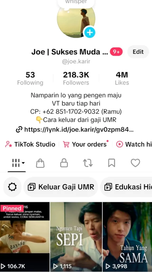 Profile TikTok @joe.karir dengan 218 ribu followers