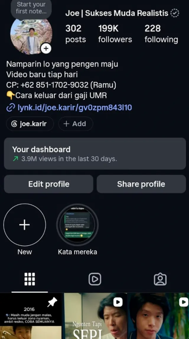 Profile Instagram @joe.karir dengan 199 ribu followers